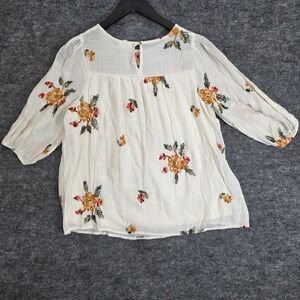 Fig and Flower Blouse Womens‎ Medium Ivory Embroidered Floral 3/4 Sleeve Top